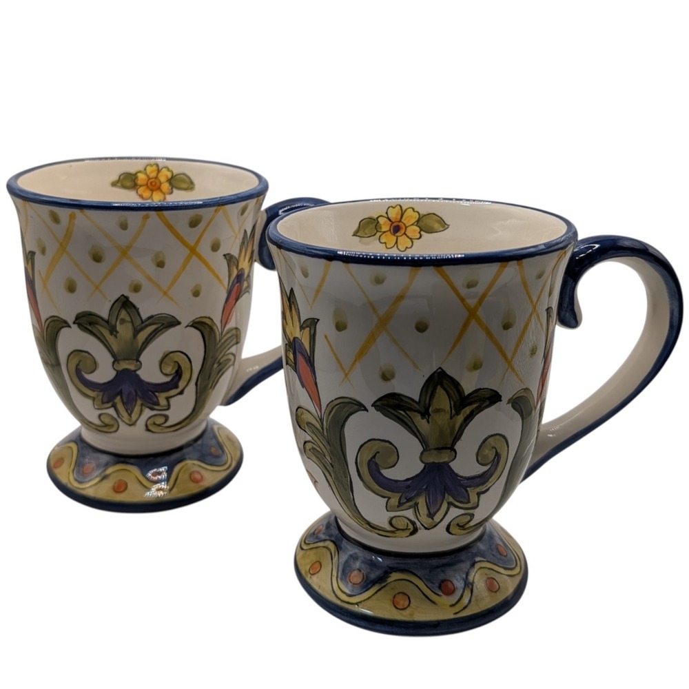 Maxcera‎ Green Talavera Mugs Footed Hand Painted Floral Scroll Set of Two
